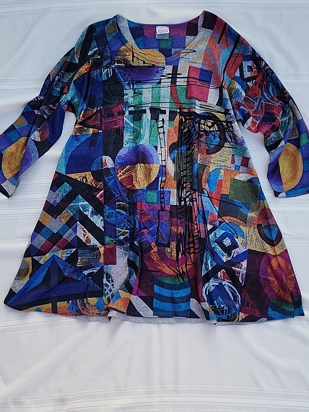 ET LOIS Knit Top/Tunic/Dress Long Sleeve VIBRANT Abstract Design Size L Like New